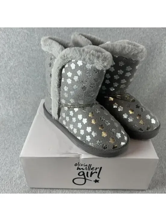 Olivia Miller Pull on Boots Girls Size 5 Youth Faux Fur Trim Gray Metallic - Picture 4 of 10